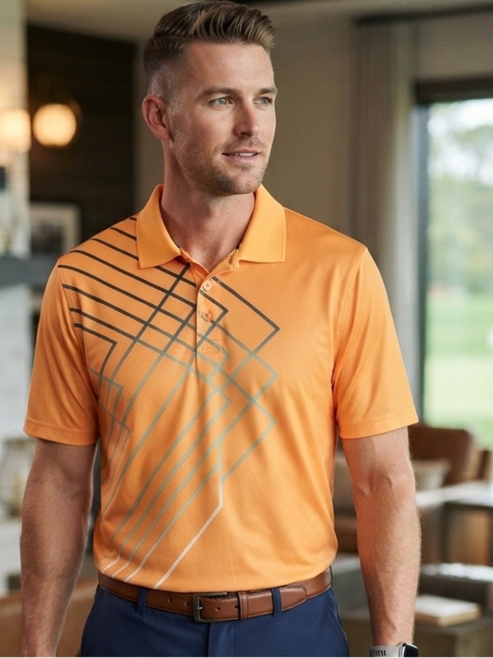 Fila Golf Men's Small Bright Orange Polo with Geometric Stripe Graphic in Blue